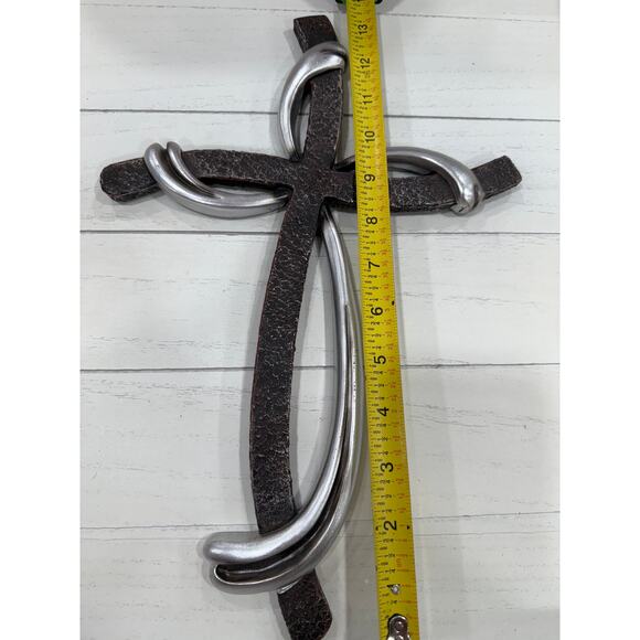 Faux Metal Wall Cross 13x9 Inch Christian Decor Brown Silver Farmhouse Style - Picture 3 of 13